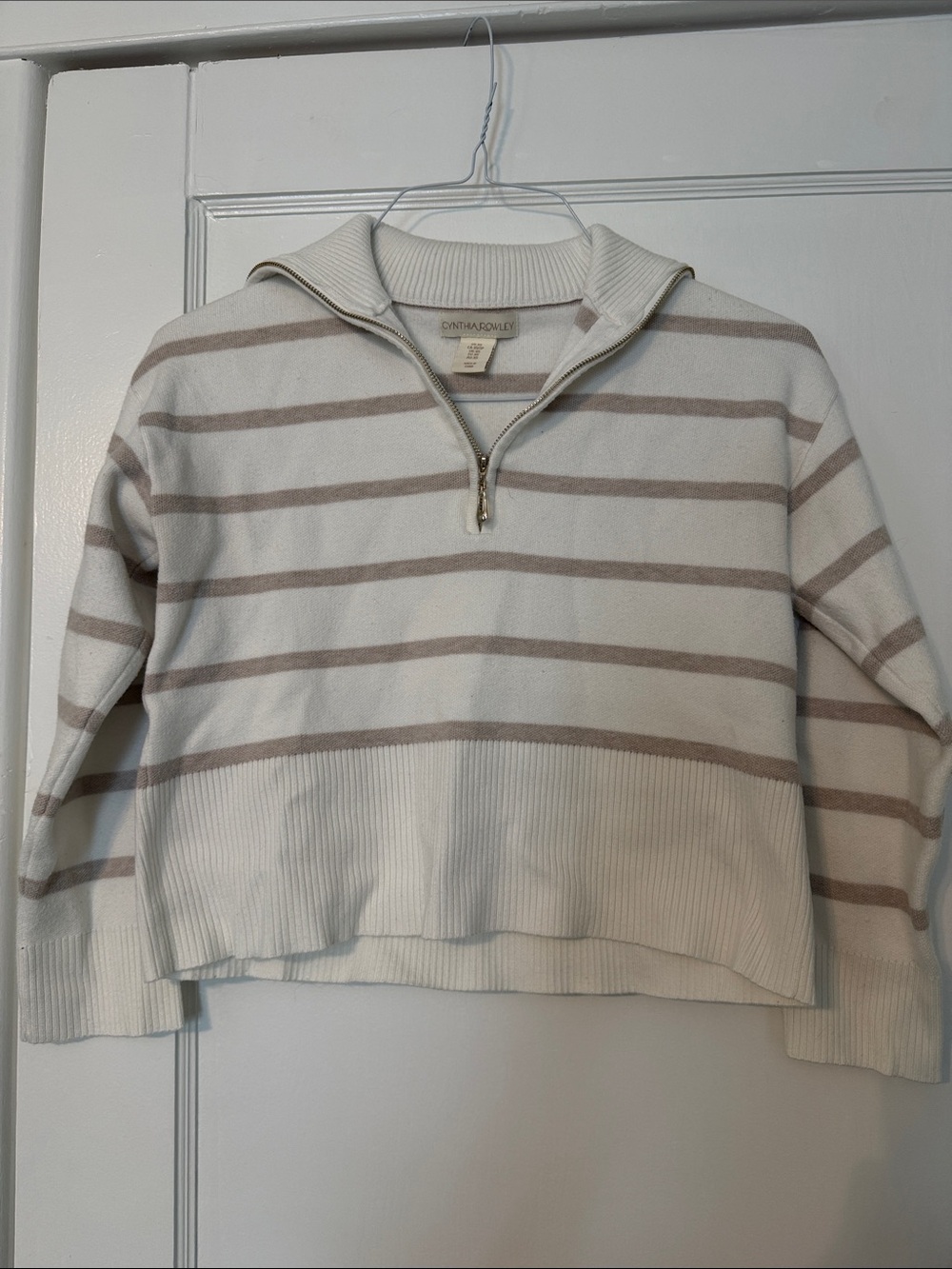 Cynthia Rowley Cream & Tan /Pink ish Striped Half-Zip Sweater